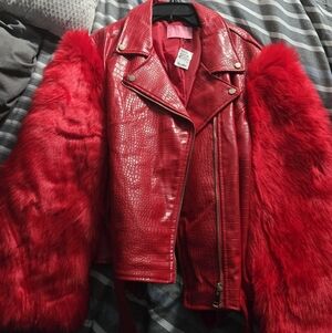 AZALEA WANG Faux Fur & Croc Moto Jacket